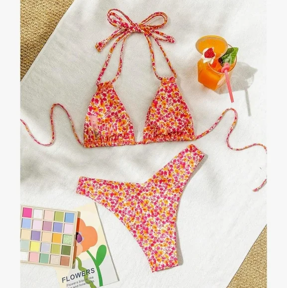 Vibrant Floral Bikini Set - Pink and Orange - Picture 1 of 5